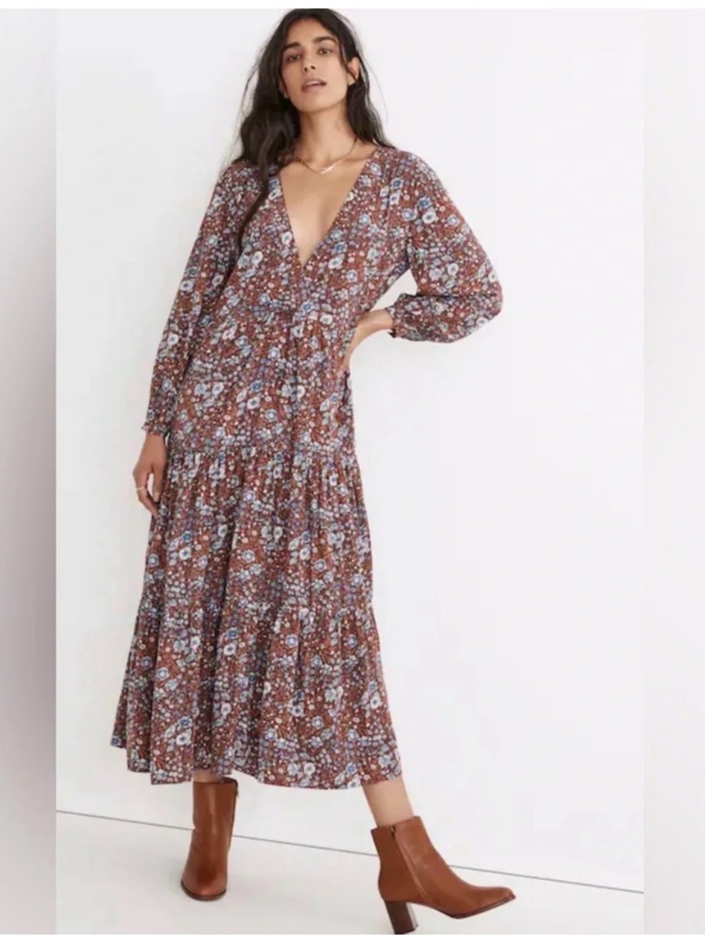 Madewell Floral Tiered Midi Dress in Burgundy